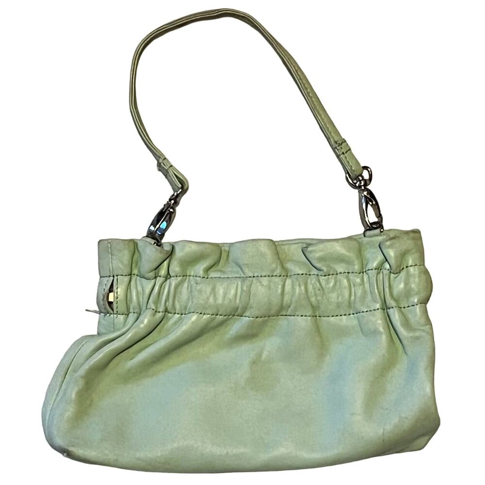 LULU GUINNESS Leather Clutch Bag Flex Frame Closure Light Green Color